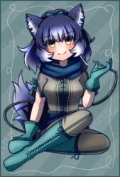 Rule 34 | 1girl, alice in wonderland, animal ears, blue hair, blurry, blurry background, boots, closed mouth, dire wolf (kemono friends), extra ears, gloves, highres, hikarikmy, kemono friends, kemono friends v project, long hair, looking at viewer, pants, parody, ribbon, scarf, shirt, simple background, smoking pipe, solo, tail, virtual youtuber, wolf ears, wolf girl, wolf tail, yellow eyes