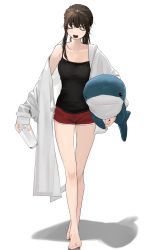 Rule 34 | 1girl, barefoot, black camisole, brown hair, camisole, closed eyes, cup, donguri hello, eyebrows, full body, glass, highres, holding, holding cup, holding stuffed toy, ikea shark, off-shoulder shirt, off shoulder, open mouth, original, red shorts, shirt, short shorts, shorts, simple background, solo, standing, stuffed animal, stuffed shark, stuffed toy, white background, white shirt, yawning
