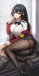 Rule 34 | 1girl, absurdres, ahoge, armband, ass, azur lane, black bow, black bowtie, black hair, black pantyhose, black skirt, blush, book, bottle, bow, bowtie, breasts, button gap, cat, closed mouth, collared shirt, crossed bangs, curtains, desk, dress shirt, foot out of frame, furrowed brow, gijang, glasses, hair between eyes, hair bow, hair intakes, highres, indoors, jacket, large breasts, legs together, licking lips, light rays, long hair, long sleeves, looking at viewer, lying, miniskirt, off shoulder, official alternate costume, on desk, on side, open clothes, open jacket, pantyhose, paper, pleated skirt, red bow, red eyes, red jacket, round eyewear, school uniform, shirt, shoes, single shoe, sketch, skirt, smile, solo, sunlight, taihou (azur lane), taihou (sweet time after school) (azur lane), thighband pantyhose, tongue, tongue out, very long hair, white shirt, window, window blinds, wing collar, yellow armband