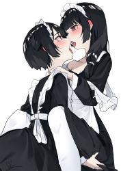 Rule 34 | 2girls, absurdres, after kiss, apron, ass grab, bad anatomy, black dress, black hair, blunt bangs, blush, commentary, dated, dress, from side, hair tie, highres, long hair, long sleeves, looking at another, maid, maid apron, maid headdress, multiple girls, one side up, open mouth, original, pantyhose, purple eyes, qtian, saliva, saliva trail, short hair, simple background, sitting, tongue, tongue out, white apron, white background, white legwear, yuri