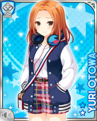 Rule 34 | 1girl, belt, blue background, blue jacket, brown eyes, card, character name, closed mouth, girlfriend (kari), hands in pockets, headphones, jacket, long hair, looking at viewer, mp3 player, official art, orange hair, otowa yuri, plaid, plaid shorts, qp:flapper, shirt, shorts, smile, solo, sport jersey, straight hair, tagme, white shirt