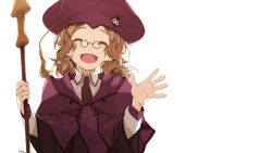 Rule 34 | 1girl, ^ ^, brown hair, cardinal (sao), closed eyes, closed eyes, glasses, hat, highres, long hair, looking at viewer, necktie, open mouth, shikei, smile, solo, staff, sword art online, wavy hair