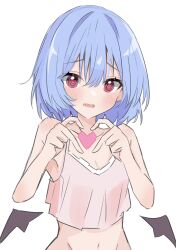 Rule 34 | 1girl, @ @, alternate costume, bat wings, blue hair, blush, breasts, cleavage, commentary request, groin, heart, highres, looking at viewer, navel, nono54558, open mouth, red eyes, remilia scarlet, short hair, simple background, small breasts, solo, touhou, upper body, white background, wings