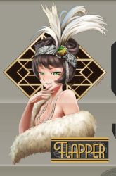 Rule 34 | 10s, 1girl, abazu-red, breasts, brown hair, circlet, cleavage, commentary request, cropped torso, english text, feather hair ornament, feathers, fur, girls und panzer, green eyes, hair ornament, hair rings, hosomi shizuko, jewelry, looking at viewer, medium breasts, necklace, no shirt, parted lips, pearl necklace, portrait, short hair, smile, standing