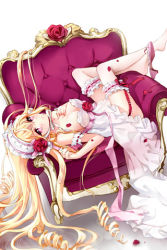 Rule 34 | 1girl, arm garter, blonde hair, breasts, cinia pacifica, cleavage, cocoon (loveririn), dress, drill hair, flower, garter belt, hairband, long hair, lowres, lying, on back, petals, pink eyes, rose, see-through, shoes, single shoe, solo, sword girls
