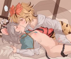 Rule 34 | 2girls, animal ears, animal print, bed sheet, black hair, black panties, blonde hair, blush, breasts, buttons, closed eyes, collarbone, commentary, english commentary, fingering, french kiss, grey hair, hagoromo, hair between eyes, heart, highres, jewelry, kiss, large breasts, long sleeves, looking at another, lying, masanaga (tsukasa), mouse ears, mouse tail, multicolored hair, multiple girls, nazrin, nude, on back, open clothes, panties, panties around leg, pendant, puffy nipples, red shirt, shawl, sheet grab, shirt, short hair, small breasts, spoken blush, spoken heart, streaked hair, tail, tiger print, toramaru shou, touhou, underwear, white sleeves, wide sleeves, wrist cuffs, yellow eyes, yuri