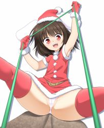 Rule 34 | 1girl, alternate costume, animal ears, anus, anus peek, arm up, armpits, brown hair, cameltoe, christmas, gloves, hachi (chihagura), hat, hip focus, inaba tewi, looking at viewer, panties, partially visible anus, partially visible vulva, rabbit ears, red eyes, red gloves, red thighhighs, santa costume, santa hat, short hair, simple background, smile, solo, spread legs, thick thighs, thighhighs, thighs, touhou, underwear, white background, white panties