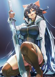Rule 34 | 1girl, black hair, black thighhighs, blue eyes, bow, breasts, commission, cropped jacket, gloves, hair between eyes, hair bow, hair ornament, high heels, highres, holding, holding sword, holding weapon, jacket, kionaoki, large breasts, long hair, looking at viewer, ninja, on one knee, open clothes, open jacket, open mouth, original, red bow, solo, sword, thighhighs, weapon
