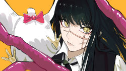 Rule 34 | 1girl, bird, black hair, bow, bowtie, bucky (chainsaw man), chainsaw man, chicken, collared shirt, commentary, dress, facial scar, headless, highres, intestines, long hair, looking at viewer, neck ribbon, orange background, pinafore dress, portrait, red bow, red bowtie, ribbon, ringed eyes, sailen0, scar, scar on cheek, scar on face, serious, shirt, simple background, sleeveless, sleeveless dress, straight hair, v-shaped eyebrows, yellow eyes, yoru (chainsaw man)