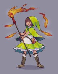 Rule 34 | 1girl, :d, absurdres, bad id, bad pixiv id, boots, brown eyes, brown footwear, brown hair, capelet, collared shirt, cross-laced footwear, fire, green skirt, grey background, head tilt, highres, holding, hood, knee boots, legs apart, matchbox, matches, matching hair/eyes, open mouth, original, saino (sainoomisaki), shadow, shirt, short hair, simple background, sin mis, skirt, smile, solo, standing, white shirt, wing collar