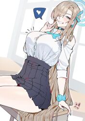 1girl asuna_(blue_archive) asuna_(school_uniform)_(blue_archive) black_choker blue_archive blue_bow blue_bowtie blue_eyes blue_nails blush bow bowtie breasts brown_hair bush celyn404 choker collared_shirt commentary desk finger_to_mouth hair_over_one_eye halo hand_up heart highres large_breasts long_hair looking_at_viewer nail_polish notice_lines on_desk one_eye_covered pleated_skirt purple_skirt school_desk school_uniform scrunchie shirt shushing sitting skirt smile solo spoken_heart symbol-only_commentary very_long_hair white_shirt wrist_scrunchie