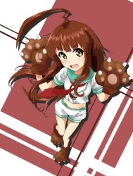 Rule 34 | 10s, 1girl, absurdres, ahoge, animal hands, bear paws, brown hair, full body, gloves, highres, kantai collection, kuma (kancolle), long hair, looking at viewer, mattsuu, open mouth, paw gloves, school uniform, serafuku, solo, yellow eyes