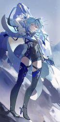 Rule 34 | 1girl, absurdres, arm up, artist name, black footwear, black shorts, blue cape, blue gloves, blue hair, blue hairband, blue necktie, boots, cape, closed mouth, commentary request, eksi (kriixx), eula (genshin impact), full body, genshin impact, gloves, hairband, high-waist shorts, high heel boots, high heels, highres, holding, holding sword, holding weapon, juliet sleeves, long hair, long sleeves, looking at viewer, necktie, puffy sleeves, purple eyes, shirt, shorts, solo, standing, sword, thigh boots, weapon, white shirt