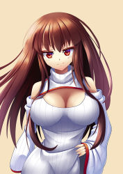 Rule 34 | 1girl, adapted costume, alternate color, bad id, bad pixiv id, breasts, brown hair, cleavage, cleavage cutout, clothing cutout, cowboy shot, detached sleeves, dress, hand on own hip, large breasts, long hair, m.u.g.e.n, meme attire, open-chest sweater, original, red eyes, ribbed sweater, sendai hakurei no miko, simple background, smile, solo, sweater, sweater dress, touhou, turtleneck, z.o.b