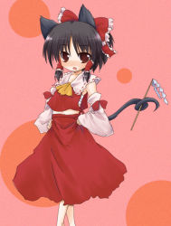 Rule 34 | 1girl, akino ochiba, animal ears, black hair, bow, cat ears, cat girl, cat tail, detached sleeves, fang, female focus, gohei, hair bow, hair tubes, hakurei reimu, hands on own hips, holding, holding with tail, kemonomimi mode, prehensile tail, red eyes, short hair, solo, tail, touhou