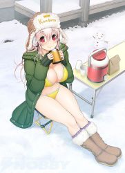 Rule 34 | 1girl, bag, bikini, bikini under clothes, blush, boots, breasts, cleavage, coffee, cup, curvy, full body, fur-trimmed boots, fur hat, fur trim, happy, hat, headphones, jacket, large breasts, legs, long hair, looking at viewer, mug, navel, nitroplus, outdoors, paper bag, pink hair, red eyes, russian text, sitting, smile, snow, snow boots, snowman, solo, super sonico, swimsuit, thermos, thighs, translated, tsuji santa, ushanka, wide hips, yellow bikini
