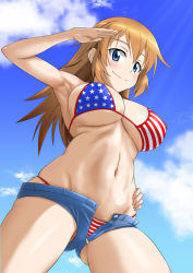 Rule 34 | 1girl, american flag bikini, armpits, bikini, bikini under clothes, blue eyes, blue sky, blush, breasts, brown hair, charlotte e. yeager, day, denim, denim shorts, flag print, from below, hand on own hip, large breasts, long hair, minpei ichigo, navel, open fly, salute, shorts, sky, smile, solo, strike witches, swimsuit, world witches series