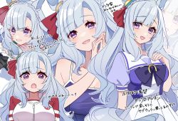 Rule 34 | 1girl, :o, akym, animal ears, asymmetrical bangs, bare shoulders, black gloves, blue hair, breasts, clenched teeth, dot nose, gloves, highres, horse ears, jacket, large breasts, looking at viewer, mejiro ardan (umamusume), multiple views, open mouth, own hands together, puffy short sleeves, puffy sleeves, purple eyes, purple shirt, sailor collar, school swimsuit, school uniform, shirt, short sleeves, skirt, smile, swimsuit, teeth, tracen school uniform, track jacket, translation request, umamusume, white skirt, zoom layer
