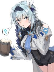 Rule 34 | 1girl, ?, absurdres, alcohol, beer, beer mug, black gloves, black shorts, blue hair, blue necktie, cup, eula (genshin impact), genshin impact, gloves, headband, highres, holding, holding cup, horn/wood, long sleeves, looking at viewer, mug, necktie, open mouth, short hair, shorts, simple background, solo, spoken question mark, teeth, white background, yellow eyes