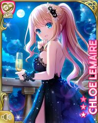 Rule 34 | 1girl, :d, bare back, black dress, blonde hair, blue eyes, card, character name, chloe lemaire, dress, full moon, girlfriend (kari), long hair, moon, night, official art, open mouth, outdoors, qp:flapper, sky, smile, solo, standing, star (sky), starry sky, tagme