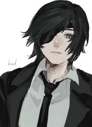 Rule 34 | 1girl, black hair, black jacket, black necktie, business suit, chainsaw man, collared shirt, expressionless, eyepatch, formal, green eyes, highres, himeno (chainsaw man), jacket, kand kitu, looking at viewer, medium hair, necktie, neckwear request, one eye covered, shirt, signature, simple background, solo, suit, upper body, white background, white shirt