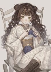 Rule 34 | 1girl, absurdres, black footwear, boots, braid, brown hair, chair, choker, curly hair, feet out of frame, green eyes, grey background, hair between eyes, highres, japanese clothes, kimono, knitting, knitting needle, light blush, long hair, long sleeves, looking at viewer, needle, original, pale skin, parted lips, sayoko (sayosny2), sidelocks, signature, simple background, sitting, solo, twin braids, twintails, white kimono, wide sleeves, yarn, yarn ball