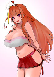 Rule 34 | 1girl, ahoge, arm behind back, bare hips, blonde hair, blunt bangs, blush, braid, breasts, cleavage, dismassd, hair down, hairband, highres, holding, holding own arm, hololive, huge breasts, kiryu coco, large breasts, long hair, looking at viewer, multicolored hair, navel, no pants, open mouth, orange hair, purple eyes, red eyes, red skirt, side-tie skirt, side braid, skirt, smile, solo, streaked hair, tank top, virtual youtuber, white tank top