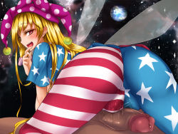 Rule 34 | 1boy, 1girl, akehi yuki, american flag, american flag dress, american flag legwear, american flag shirt, ass, bad id, bad pixiv id, blonde hair, blush, brown eyes, cameltoe, censored, clothed female nude male, clownpiece, dark-skinned male, dark skin, dry humping, fairy wings, from behind, girl on top, gradient background, grinding, hat, hetero, humping, jester cap, long hair, looking back, mosaic censoring, naughty face, nude, open mouth, pantyhose, penis, polka dot, precum, pussy juice, red eyes, short sleeves, smile, solo focus, straddling, toto (toto casanova), touhou, very long hair, wings