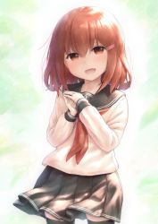 Rule 34 | 1girl, anchor symbol, black thighhighs, blush, brown hair, gradient background, hair between eyes, hair ornament, hairclip, highres, ikazuchi (kancolle), jewelry, kantai collection, long sleeves, neckerchief, open mouth, pleated skirt, ring, school uniform, serafuku, short hair, skirt, smile, solo, thighhighs, wamu (chartreuse), wedding band
