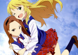 Rule 34 | 2girls, ;d, absurdres, akai toshifumi, blonde hair, brown eyes, brown hair, cloud, day, dress shirt, forehead, green eyes, hairband, highres, hoshii miki, hug, idolmaster, idolmaster (classic), legs, loafers, long hair, looking at viewer, minase iori, multiple girls, non-web source, official art, one eye closed, open mouth, plaid, plaid skirt, pout, scan, school uniform, shirt, shoes, skirt, sky, smile, socks, stuffed animal, stuffed rabbit, stuffed toy, sweater vest, wink
