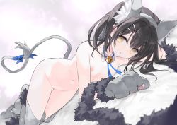 Rule 34 | 1girl, animal ears, bell, black hair, collar, dutch angle, fake animal ears, fake tail, flat chest, gloves, looking at viewer, lying, medium hair, nanananana, nipples, nude, parted lips, solo, tail, thighhighs, yellow eyes
