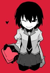Rule 34 | 1girl, akableak, black eyes, black gloves, black hair, black necktie, black pantyhose, black undershirt, breasts, closed mouth, commentary, cropped legs, empty eyes, english commentary, gloves, hair between eyes, heart, highres, holding, holding heart, incoming gift, monogatari (series), naoetsu high school uniform, necktie, one eye closed, oshino ougi, pantyhose, partially colored, pleated skirt, puffy sleeves, reaching, reaching towards viewer, red background, school uniform, short hair, skirt, small breasts, smile, solo, turtleneck, valentine, very long sleeves