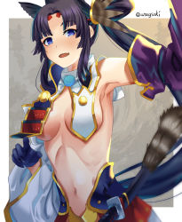 Rule 34 | 1girl, aona (anagasaki), armor, armpits, asymmetrical sleeves, black hair, blue eyes, breast curtains, breasts, detached sleeves, fate/grand order, fate (series), feather hair ornament, feathers, hair bun, hair ornament, hat, highres, japanese armor, long hair, looking at viewer, medium breasts, mismatched sleeves, parted bangs, side bun, side ponytail, sidelocks, single hair bun, single side bun, solo, ushiwakamaru (fate), very long hair, wide sleeves