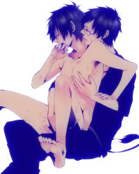 Rule 34 | 2boys, ao no exorcist, barefoot, brothers, clothed male nude male, clothed on nude, cum, cum on body, glasses, handjob, hickey, incest, male focus, multiple boys, nude, okumura rin, okumura yukio, penis, pointy ears, siblings, sitting, spread legs, tail, yaoi