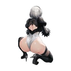 Rule 34 | 1girl, 2b (nier:automata), absurdres, ass, back, black blindfold, black dress, blindfold, boots, breasts, cleavage, cleavage cutout, clothing cutout, collaboration, covered eyes, crossover, curvy, dress, feather-trimmed sleeves, gloves, goddess of victory: nikke, highleg, highleg leotard, highres, holding, holding weapon, huge ass, large breasts, leotard, leotard under clothes, long sleeves, nier:automata, nier (series), official art, shiny skin, short hair, skindentation, solo, squatting, thick thighs, thighhighs, thighhighs under boots, thighs, thong leotard, weapon, white hair, wide hips