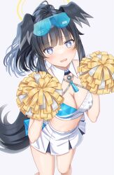 Rule 34 | 1girl, absurdres, animal ears, black hair, blue archive, blue eyes, breasts, character name, cheerleader, cleavage, commentary request, detached collar, dog ears, dog girl, dog tail, embarrassed, eyewear on head, from above, halo, hibiki (blue archive), hibiki (cheer squad) (blue archive), highres, holding, holding pom poms, leaning forward, long hair, looking at viewer, looking up, medium breasts, millennium cheerleader outfit (blue archive), miniskirt, navel, official alternate costume, official alternate hairstyle, ojyomu, parted lips, pleated skirt, pom pom (cheerleading), pom poms, ponytail, sidelocks, simple background, skirt, sleeveless, solo, standing, standing on one leg, stomach, sunglasses, tail, white background, white skirt