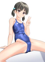 Rule 34 | 1girl, abs, absurdres, black hair, blue one-piece swimsuit, breasts, brown eyes, collarbone, commentary request, competition swimsuit, feet out of frame, hair bobbles, hair ornament, highleg, highleg swimsuit, highres, looking at viewer, low twintails, one-piece swimsuit, original, short hair, simple background, sitting, small breasts, solo, spread legs, swimsuit, takafumi, twintails, v, white background