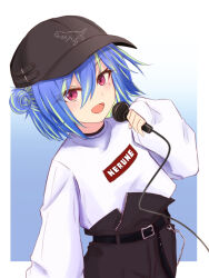 Rule 34 | 1girl, :d, absurdres, baseball cap, belt, black belt, black hat, black shorts, blue background, blue hair, blush, commentary request, cowboy shot, dinosaur print, double bun, flat chest, gradient background, green hair, hair between eyes, hair bun, hat, highres, holding, holding microphone, long bangs, long sleeves, looking at viewer, microphone, mole, mole under eye, multicolored hair, nanashi inc., official alternate costume, open mouth, pink eyes, salmon231, short hair, shorts, smile, solo, suzumi nemo, suzumi nemo (2nd costume), sweater, two-tone hair, tyrannosaurus rex, virtual youtuber, white background, white sweater