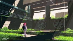 1girl abandoned animated animated_gif artist_name backpack bag grass industrial_pipe light_rays looping_animation original overgrown pink_hair pixel_art plant ponytail railing scenery seaeees solo standing sunlight thighhighs ventilation_fan vines wide_shot window window_shadow