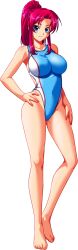 Rule 34 | 1girl, bare legs, bare shoulders, barefoot, blue eyes, breasts, competition swimsuit, full body, game cg, hand on own hip, highleg, highleg swimsuit, highres, kagami hirotaka, large breasts, long hair, looking at viewer, one-piece swimsuit, ponytail, red hair, sansha mendan, simple background, smile, solo, standing, swimsuit, transparent background