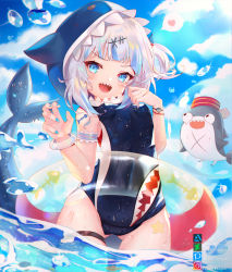 Rule 34 | 1girl, :d, animal hood, bloop (gawr gura), blue eyes, blue nails, blue one-piece swimsuit, blue sky, bracelet, breasts, cameltoe, cloud, cloudy sky, covered erect nipples, fins, fish tail, gawr gura, gluteal fold, heart, highres, hitokiri battousai, hololive, hololive english, hood, innertube, jewelry, looking at viewer, nail polish, ocean, one-piece swimsuit, open mouth, outdoors, partially submerged, shark girl, shark hood, shark tail, sharp teeth, short hair, sky, small breasts, smile, spoken heart, swim ring, swimsuit, tail, teeth, thigh strap, tongue, v-shaped eyebrows, virtual youtuber, water, wet, white hair