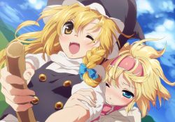Rule 34 | 2girls, alice margatroid, anime coloring, arm grab, bad id, bad pixiv id, blonde hair, blue eyes, bow, braid, broom, buttons, cloud, day, fang, female focus, hair bow, hair ornament, hairband, hat, hill, kirisame marisa, long hair, multiple girls, one eye closed, open mouth, short hair, sky, tokira nozumi, touhou, wink, witch, witch hat, yellow eyes, yuri