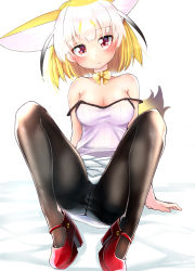 Rule 34 | 1girl, :&lt;, animal ears, arm support, bare shoulders, black hair, black pantyhose, blonde hair, blunt bangs, blush, bow, bowtie, breasts, camisole, cleavage, collarbone, commentary request, crotch seam, fennec (kemono friends), fox ears, fox girl, fox tail, full body, gradient hair, head tilt, high heels, highres, kemono friends, kinou no shika, knees up, looking at viewer, medium breasts, multicolored hair, panties, panties under pantyhose, pantyhose, red eyes, red footwear, simple background, sitting, skirt, solo, strap slip, tail, underwear, upskirt, white background, white hair, white skirt, yellow bow, yellow bowtie