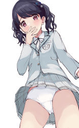 Rule 34 | 1girl, black hair, black ribbon, blazer, blue flower, blush, closed mouth, collared shirt, commentary request, dress shirt, flower, from below, fukumaru koito, grey jacket, grey skirt, hair flower, hair ornament, hand to own mouth, hand up, highres, idolmaster, idolmaster shiny colors, jacket, kuroba aki, long sleeves, looking at viewer, looking down, neck ribbon, panties, pleated skirt, purple eyes, ribbon, school uniform, shirt, simple background, skirt, solo, twintails, underwear, upskirt, white background, white flower, white panties, white shirt