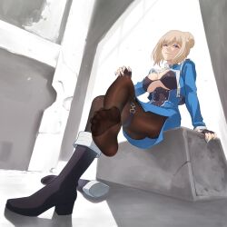 Rule 34 | alpha (rebuild world), blonde hair, blue eyes, blue nails, boots, breasts, crossed legs, feet, fingerless gloves, foot focus, gloves, hair bun, hand on own knee, highres, large breasts, mature female, military uniform, nail polish, pantyhose, rebuild world, shoes, single shoe, sitting, smirk, soles, solo, spread toes, toes, uniform, warabi yuuzou