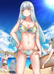 Rule 34 | 404 (girls&#039; frontline), 4girls, ass, bare shoulders, beach, bikini, bikini under clothes, blue sky, blunt bangs, blush, breasts, brown hair, cleavage, closed mouth, cloud, collarbone, day, facial mark, g11 (girls&#039; frontline), girls&#039; frontline, gluteal fold, green eyes, grey hair, hair between eyes, hair ornament, hand on own hip, hand up, highres, hk416 (girls&#039; frontline), holding, holding surfboard, holding swim ring, innertube, leg up, long hair, looking at viewer, looking away, medium breasts, messy hair, multiple girls, navel, one side up, outdoors, sand, scar, scar across eye, scar on face, sitting, sky, smile, stomach, sunlight, surfboard, swim ring, swimsuit, teardrop, tete3873, thighs, twintails, ump45 (girls&#039; frontline), ump9 (girls&#039; frontline), very long hair, yellow eyes
