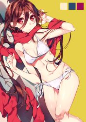 Rule 34 | 1girl, arm up, bikini, blush, bone, breasts, brown hair, checkered floor, collarbone, frown, hand in own hair, kureaki (exit), long hair, looking at viewer, lying, navel, on side, original, red eyes, red scarf, scarf, shiny skin, side-tie bikini bottom, simple background, small breasts, solo, swimsuit, white bikini, yellow background