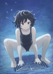 Rule 34 | 1girl, air bubble, amagami, barefoot, black one-piece swimsuit, blue one-piece swimsuit, botan m, breasts, bubble, closed mouth, collarbone, competition swimsuit, highres, nanasaki ai, one-piece swimsuit, short hair, small breasts, solo, squatting, swimsuit, thighs, two-tone one-piece swimsuit, underwater