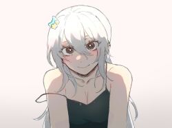 Rule 34 | 1girl, black camisole, black eyes, blush, breasts, bright pupils, camisole, cleavage, closed mouth, commentary, ear piercing, english commentary, grey hair, hair between eyes, hair ornament, long hair, looking at viewer, original, piercing, simple background, smile, solo, strap slip, tsu (lovesick1964), upper body, white background, white pupils