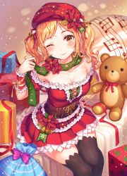 Rule 34 | 1girl, arm support, armpit peek, bad id, bad twitter id, bang dream!, bare shoulders, bell, black thighhighs, blonde hair, blurry, blush, breasts, cleavage, cleavage cutout, closed mouth, clothing cutout, depth of field, frilled shirt, frills, from above, gift, green scarf, hair ornament, hair ribbon, hand up, hat, head tilt, highres, ichigaya arisa, long hair, looking at viewer, medium breasts, miniskirt, musical note, off shoulder, one eye closed, parted bangs, pleated skirt, pom pom (clothes), r o ha, red hat, red ribbon, red shirt, red skirt, ribbon, sack, santa costume, scarf, shirt, short sleeves, sidelocks, sitting, skirt, smile, solo, stuffed animal, stuffed toy, teddy bear, thighhighs, twintails, underbust, wristband, yellow eyes, zettai ryouiki
